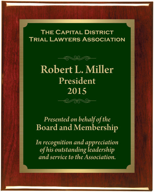 Premium Solid Hardwood Plaque with Green and Gold Plate