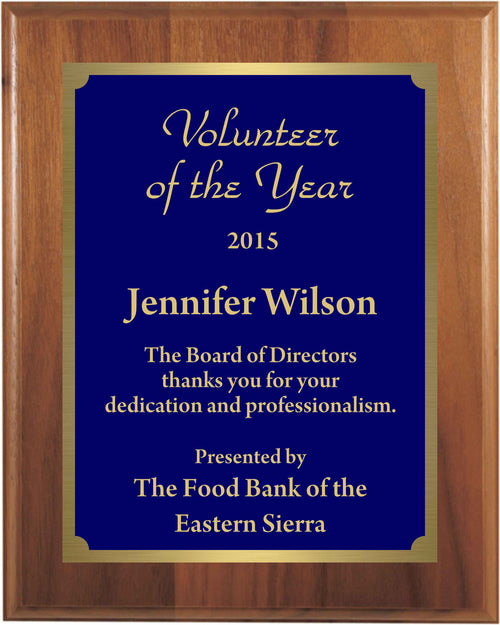 Premium Solid Hardwood Plaque with Engraved Royal Blue Brass Plate