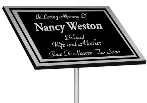 Silver cast aluminum plaque with raised double border and stake mount