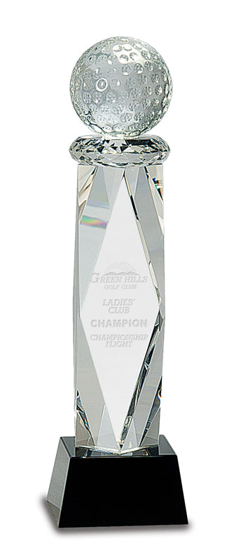 10.75" Clear Crystal Golf Ball on Facet Column with Black Base