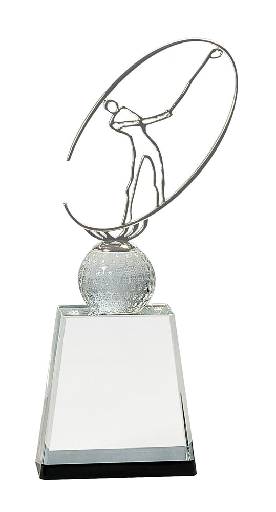 10" Clear/black Crystal Golf Award with Silver Metal Oval Figure