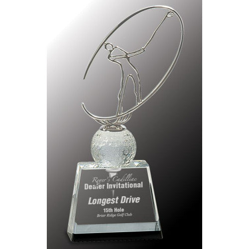 10" Clear/black Crystal Golf Award with Silver Metal Oval Figure