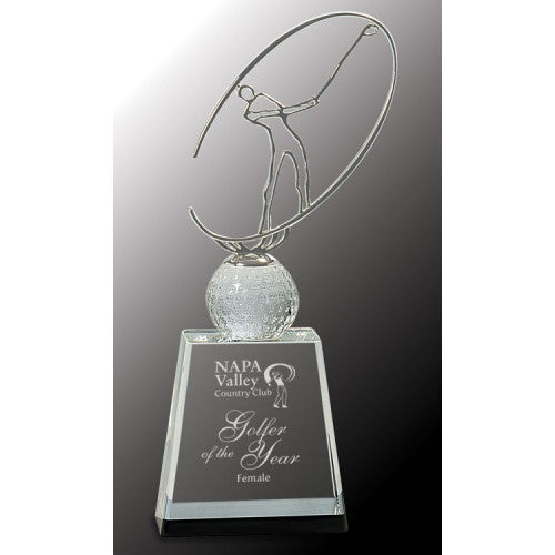 10" Clear/black Crystal Golf Award with Silver Metal Oval Figure
