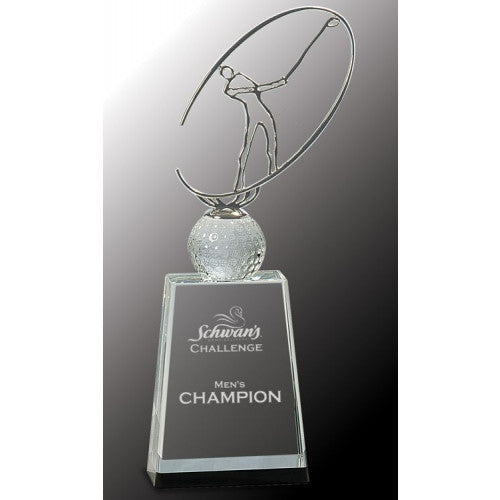 10" Clear/black Crystal Golf Award with Silver Metal Oval Figure