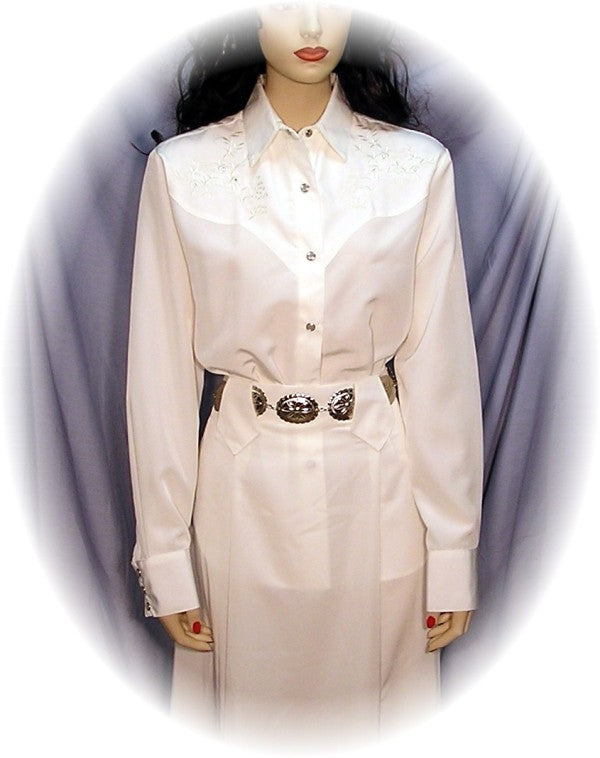 Embroidered Long Sleeve Bridal Blouse with Rhinestones, White