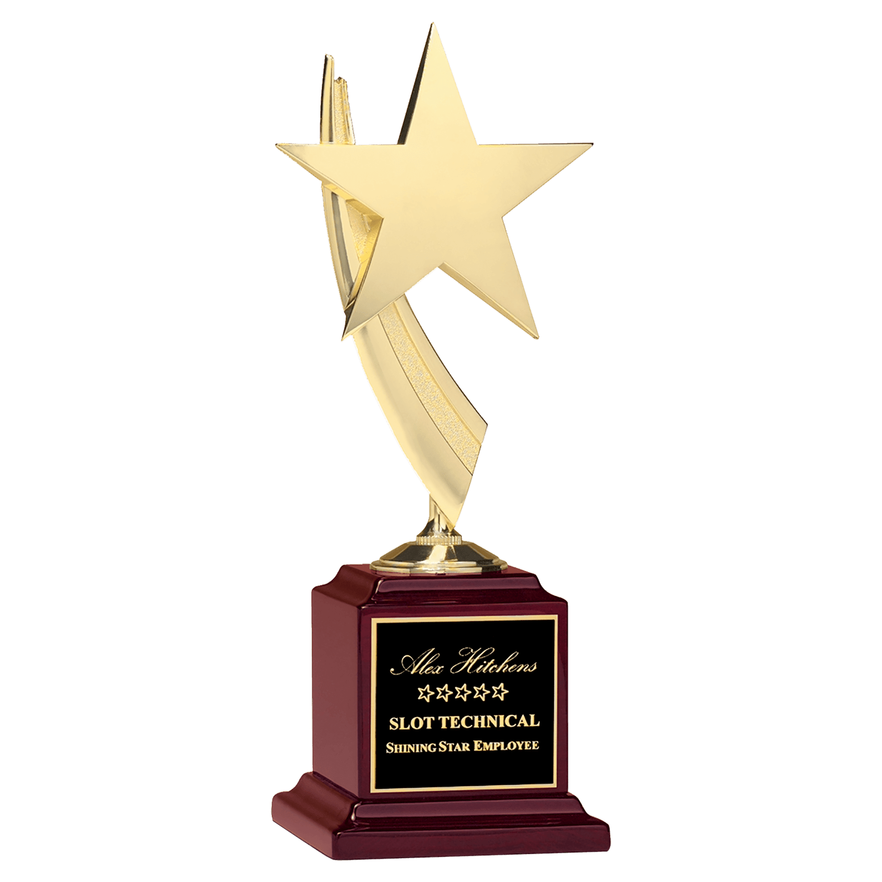 13" Star Casting in Goldtone Finish on Rosewood Piano Finish Base with Black Laserable Plate