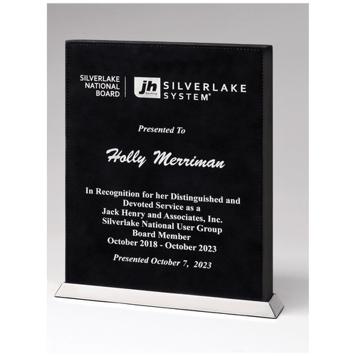 7 1/2" x 10" Black/Silver Laser Leather Desktop Plaque with Chrome Plated Base
