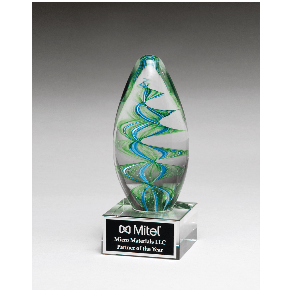 Blue and Green Helix Egg Shaped Art Glass on Clear Glass Base with Black 6 1/2" Laserable Aluminum Plate