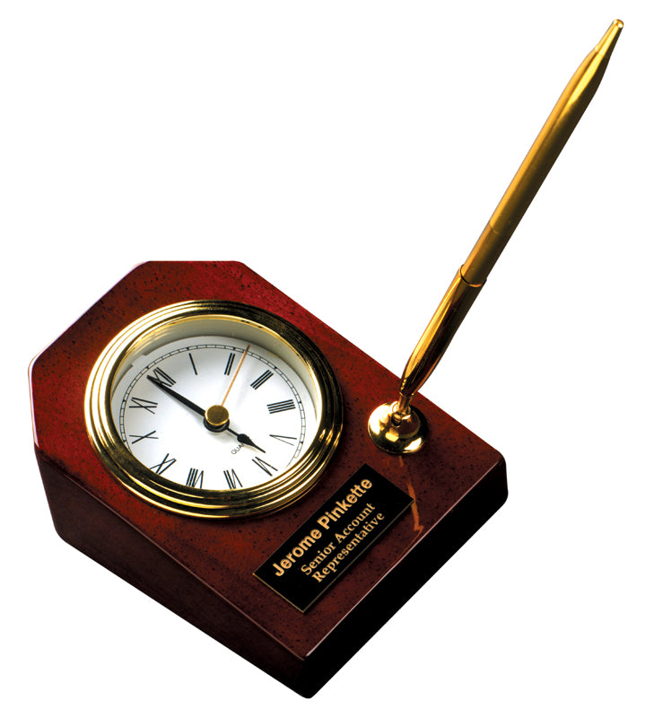 3 5/8" x 4 3/4” Rosewood Piano Finish Desk Clock with Pen