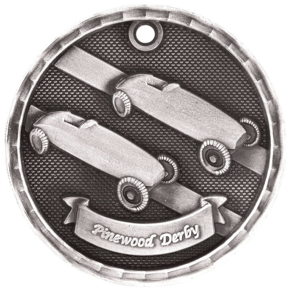 Antique Silver 2" 3D Pinewood Derby Medal