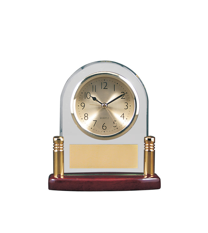 5 3/4" x 6 1/8” Arch Glass and Piano Finish Desk Clock with Posts