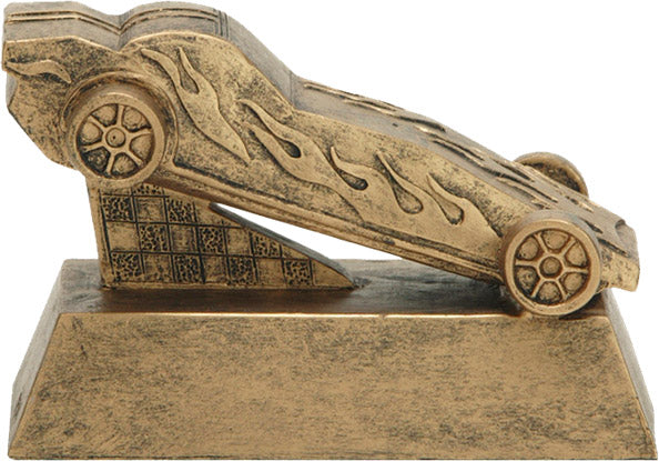 Gold Pinewood Derby Car Resin Award with Checkered Flag and Flames