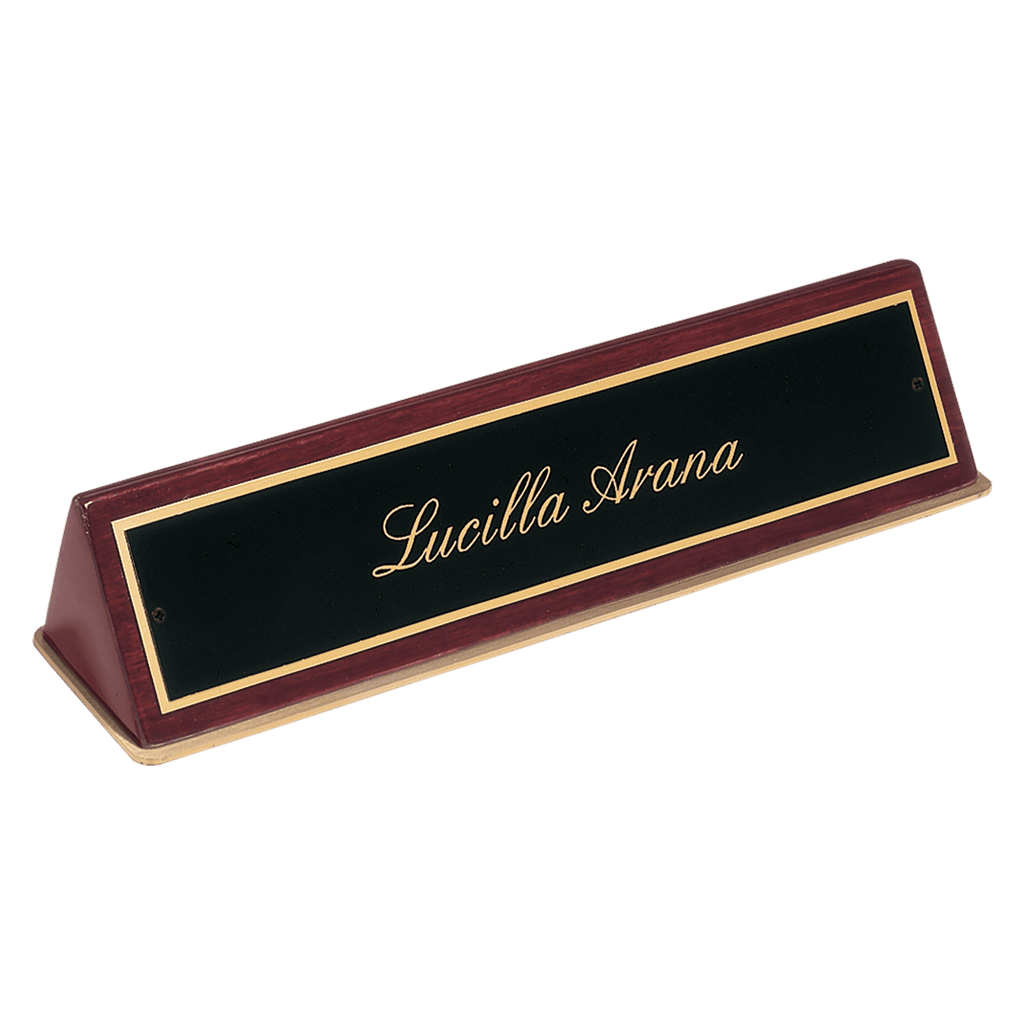 Rosewood Piano Finish Desk Wedge with Black 9 1/2" x 2 1/2" x 2" Plate