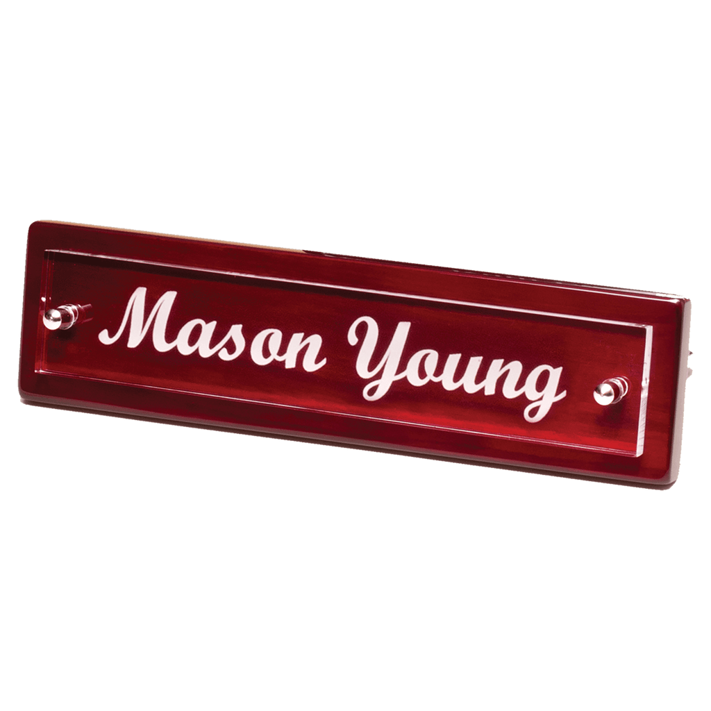 Rosewood Piano Finish Nameplate with Acrylic Engraving Plate, Two Silver 9 1/4" x 2 1/8" Posts