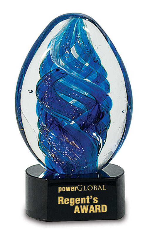 6 1/2" Blue Oval Swirl Art Glass on Black Base