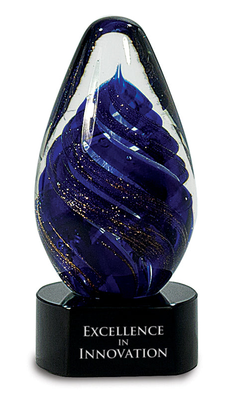 6 3/4" Blue Tear Drop Art Glass on Black Base