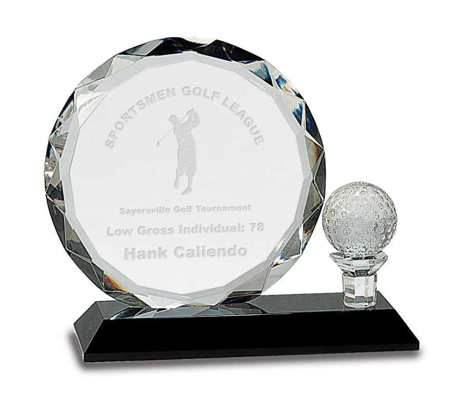 6.5" Round Facet Crystal with Golf Ball on Black Pedestal Base