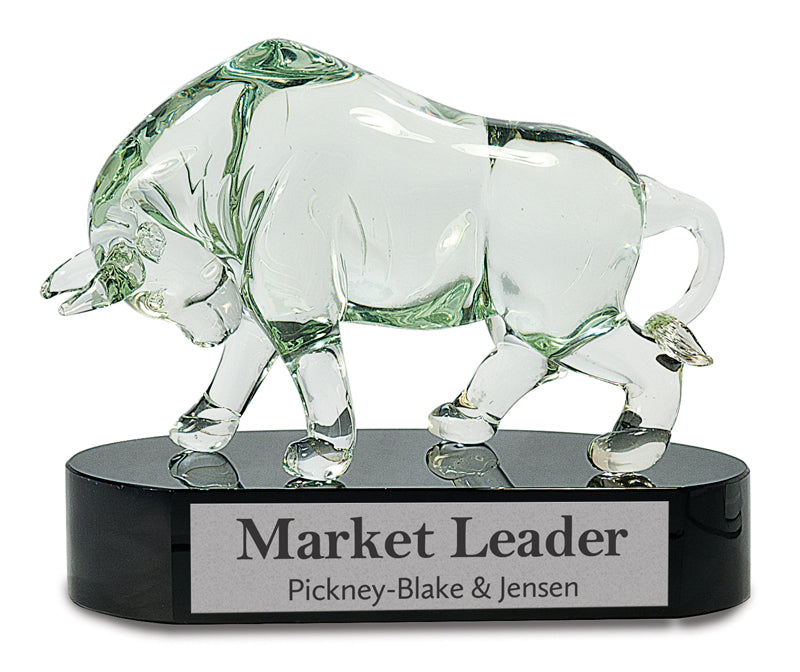 8 1/4" Clear Art Glass Bull on Black Base