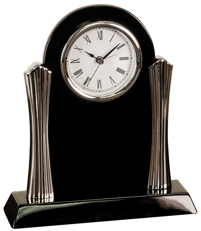 8 1/4" x 7 ½” Black Piano Finish Clock with Silver Columns