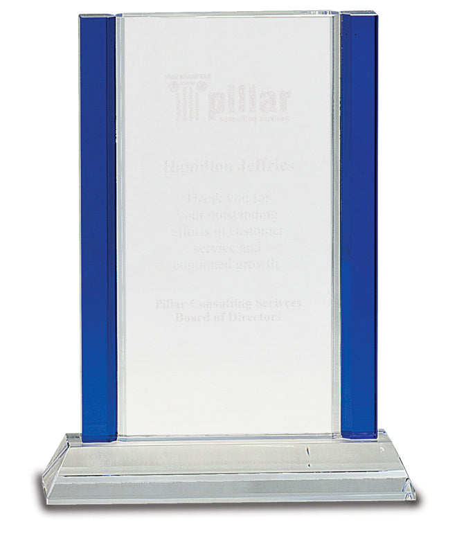8.5" Blue Double Edge Crystal Award on Clear Base