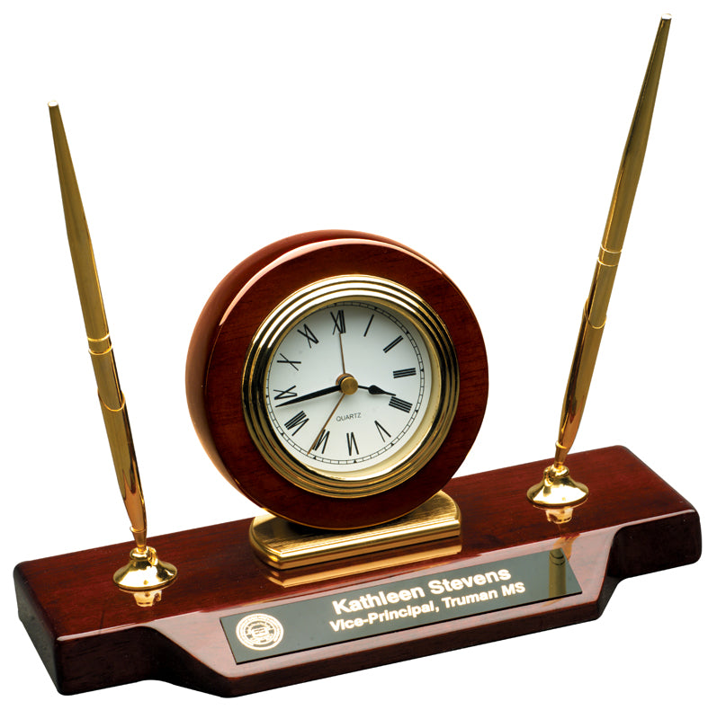 9" x 4 3/4 Piano Finish Desk Clock on Base with 2 Pens