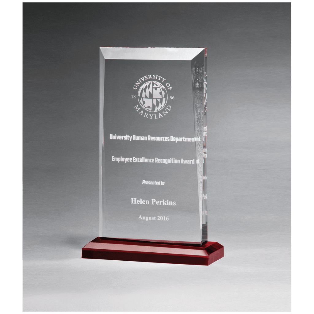 Clear Acrylic Award with Red Highlights and Red 5 1/2" x 8 3/4" Apex Series Base