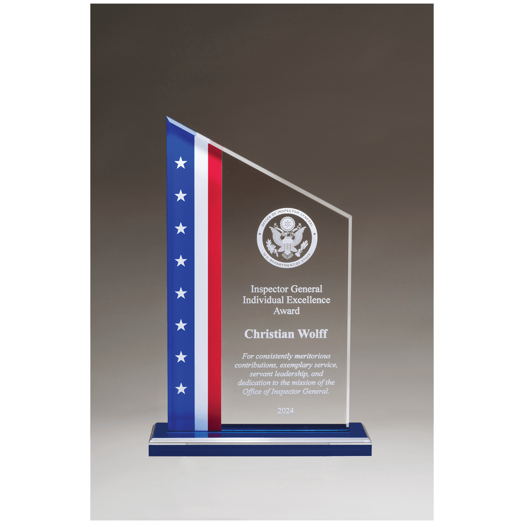 6" x 8 3/4" Zenith Series Acrylic with American Flag Design, Blue Mirror Top Blue Base