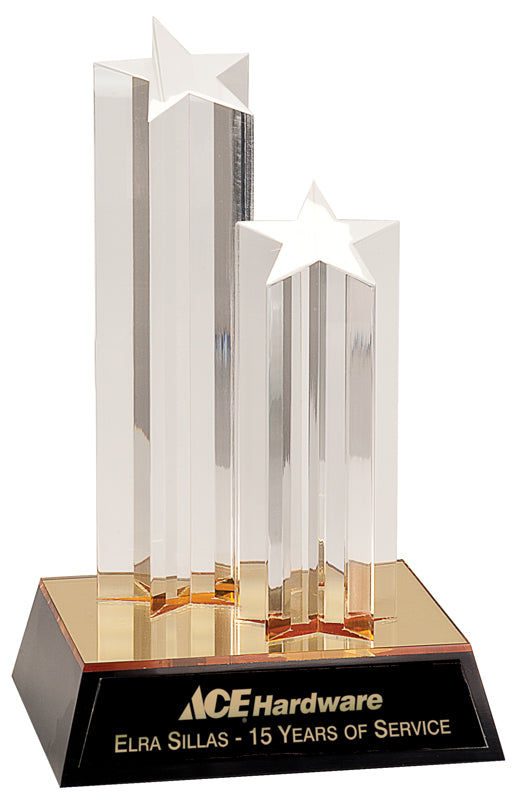 Clear Double Star Column Acrylic Award with Gold and Black Base