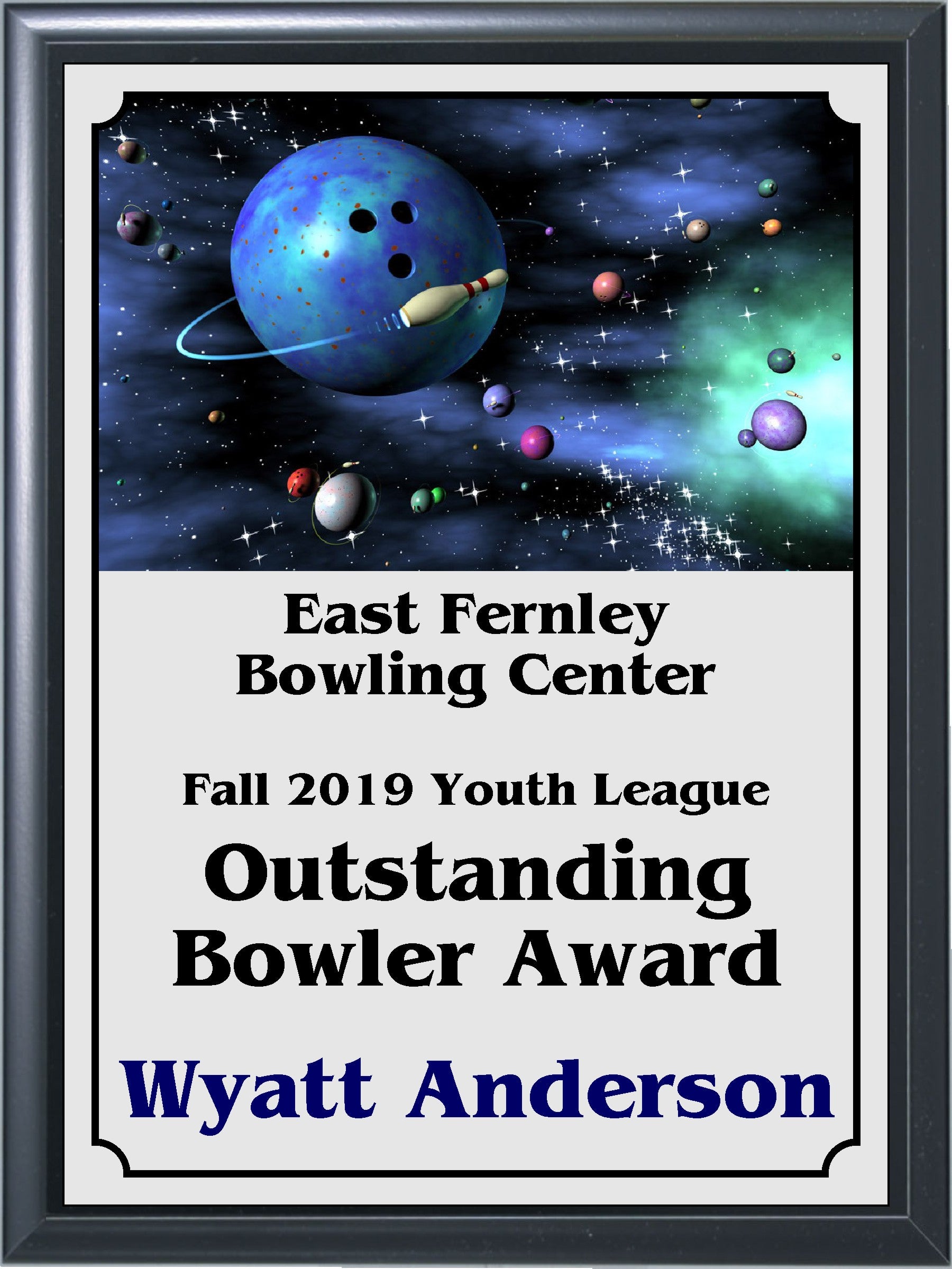 Ball and Pins Galaxy Bowling Plaque