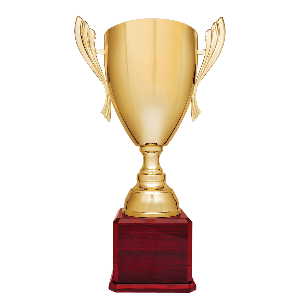 Gold Completed Metal Cup Trophy on Rosewood Royal 2 26 1/2" Piano Finish Base