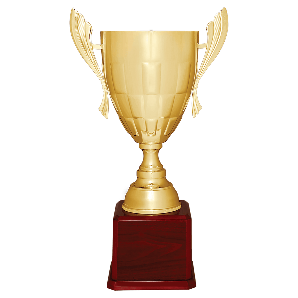 Gold Completed Metal Cup Trophy on Rosewood Royal 26 1/2" Piano Finish Base