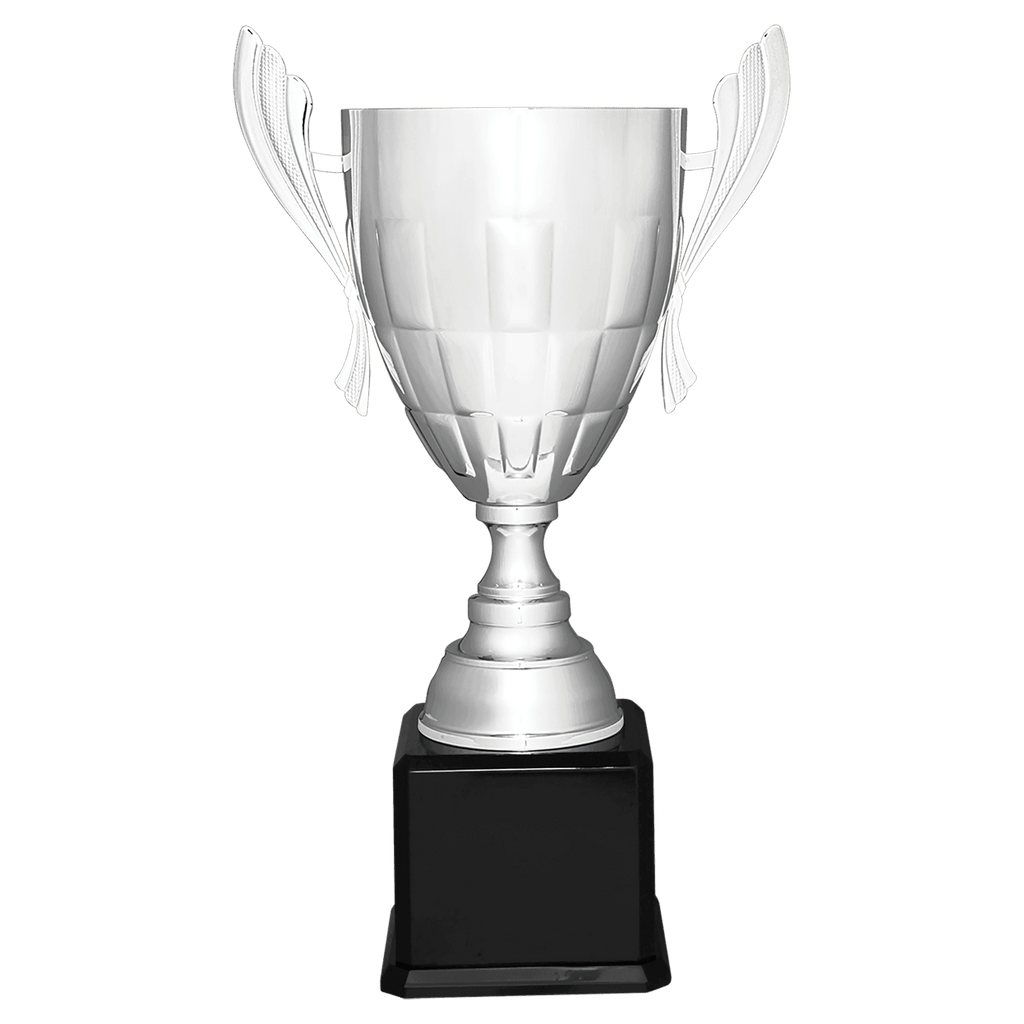 Silver Completed Metal Cup Trophy on Black Royal 26 1/2" Piano Finish Base