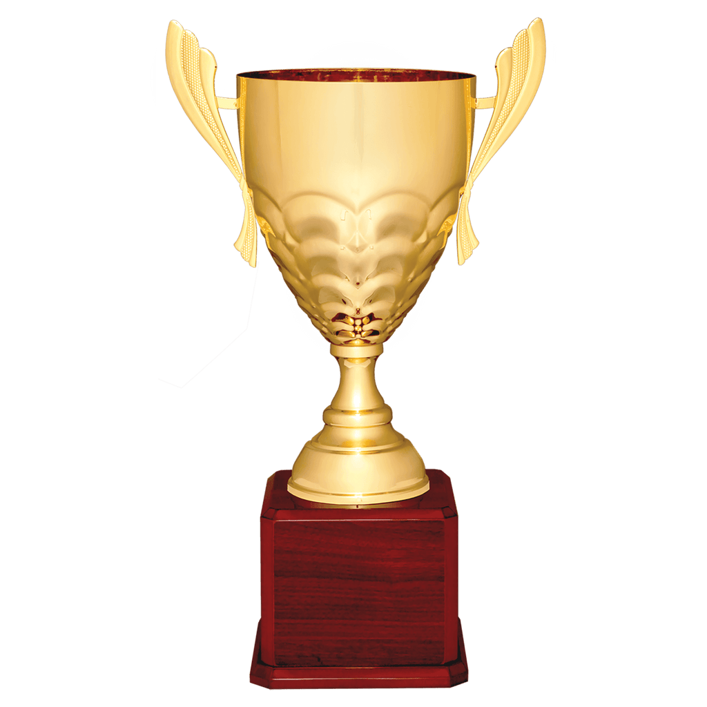 Gold Completed Metal Cup Trophy on Rosewood Royal 21" Piano Finish Base
