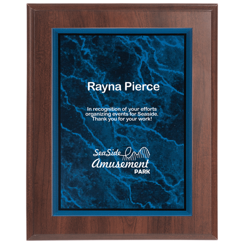 Large Cherry Finish Plaque with Blue Marble Acrylic Plate