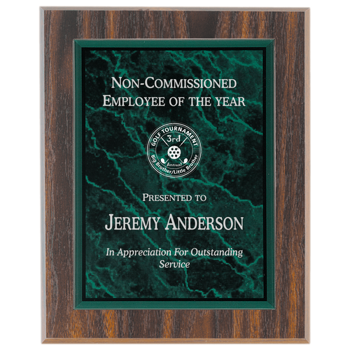 Large Walnut Finish Plaque with Green Marble Acrylic Plaque Plate