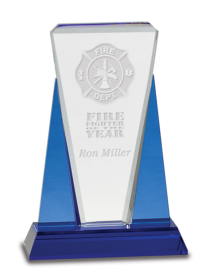 Blue and Clear Wedge Crystal on Blue Pedestal Base, 10"
