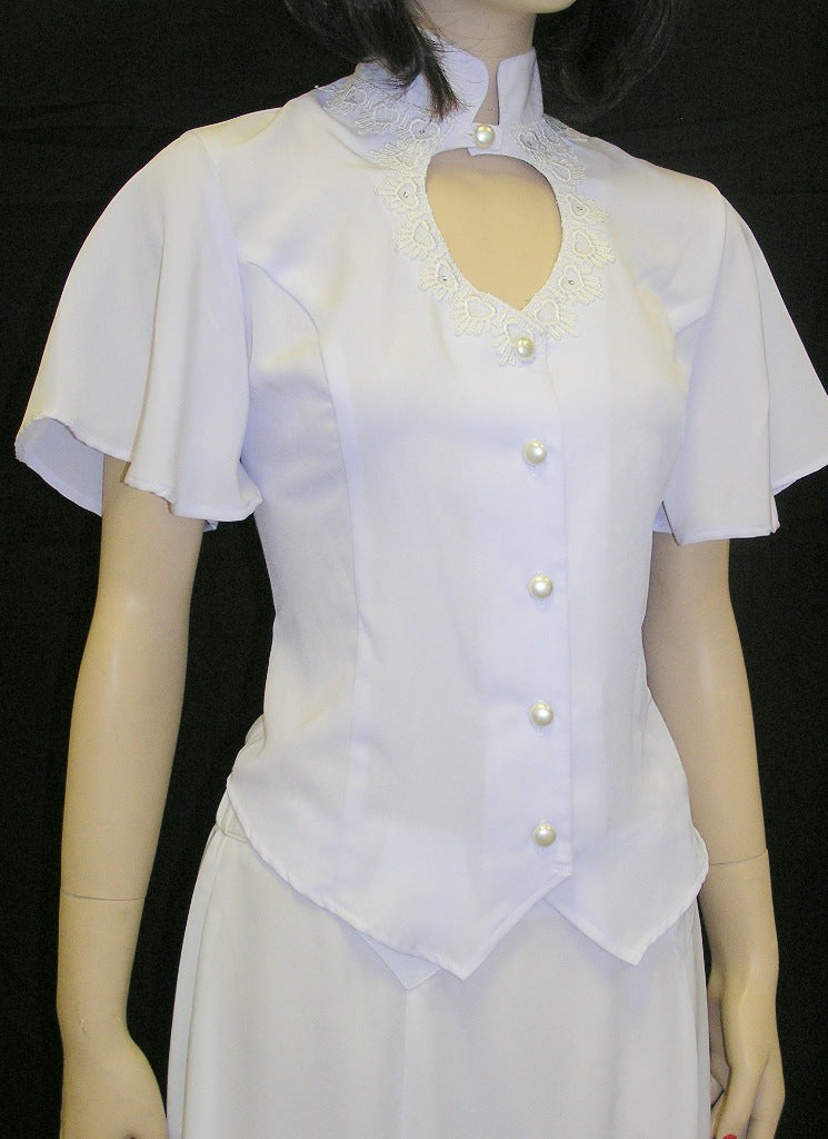 Heart Neck Short Sleeve Bridal Blouse, White