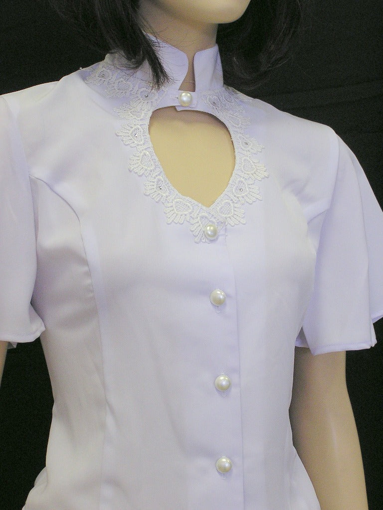 Heart Neck Short Sleeve Bridal Blouse, White