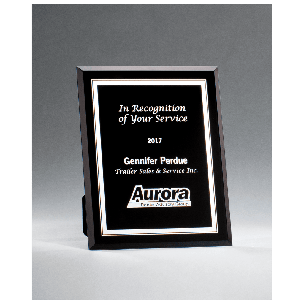 Black Glass Plaque with Silver 6" x 8" Border and Easel Back