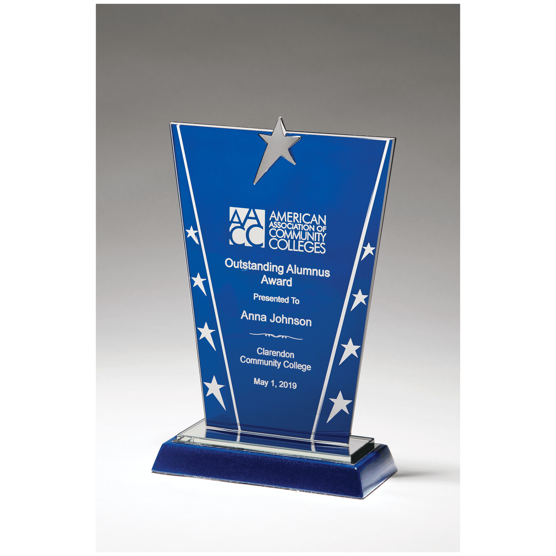 6 3/8" x 8 5/8" Constellation Series Glass Award with Blue Background with Chrome Plated Star