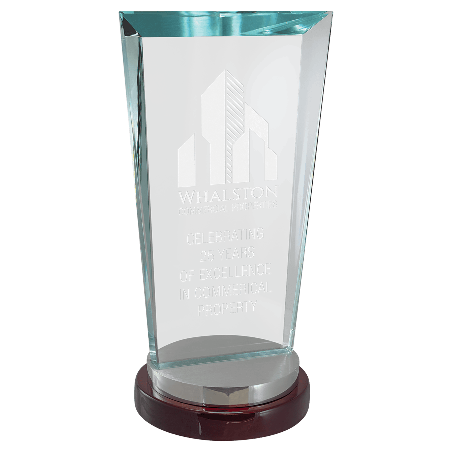 4 1/4" x 9 3/4" Premium Series Clear Glass Award with Rosewood and         Aluminum Base