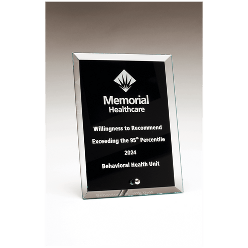 6" x 8" Clear Glass Plaque with Painted Black Background, Silv             er Plated Easel Post