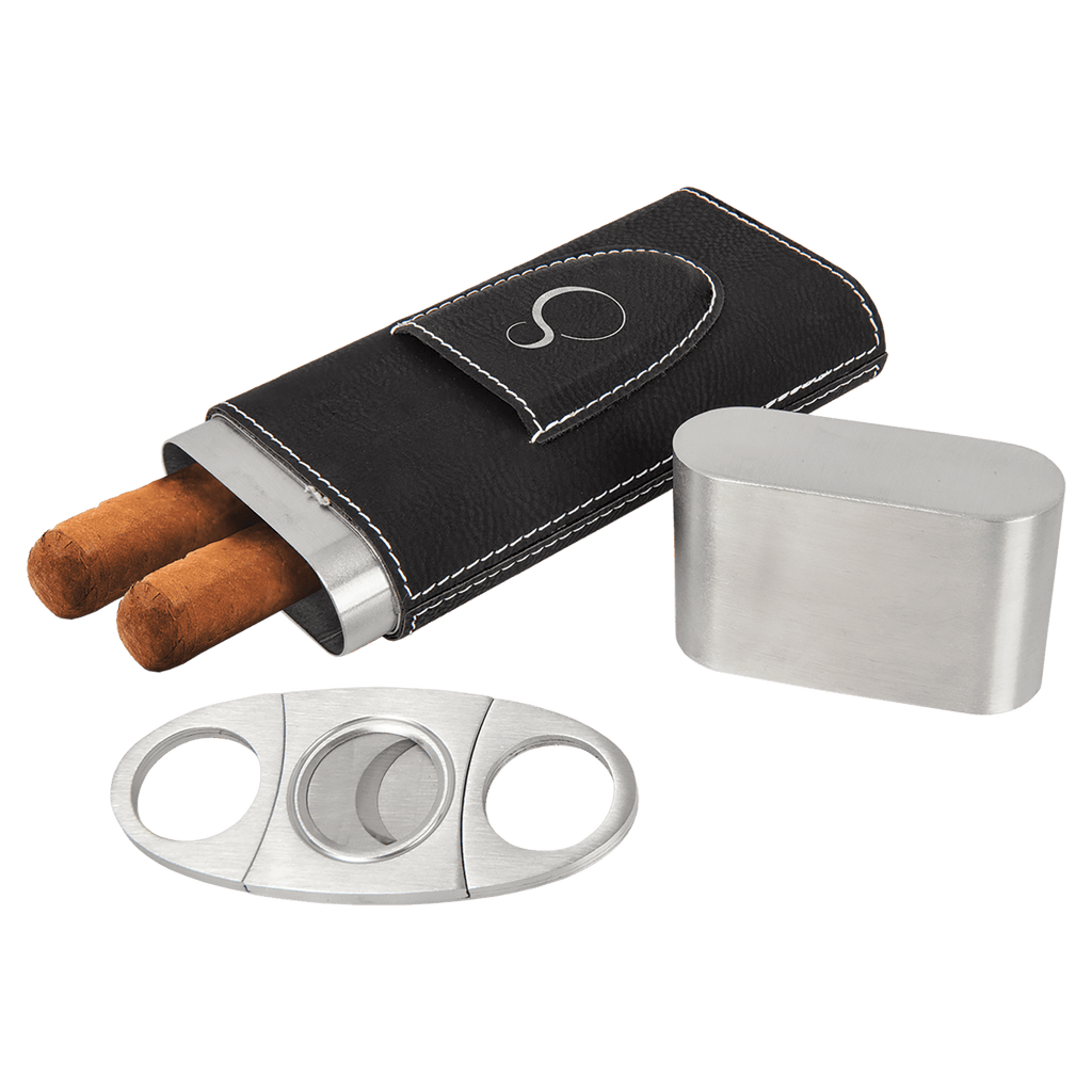 Black/Silver Laserable Leatherette Cigar Case with Cutter
