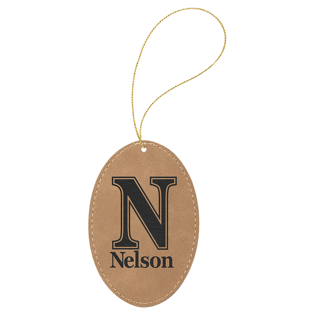 Light Brown Gold Laserable Leatherette Oval Ornament with String