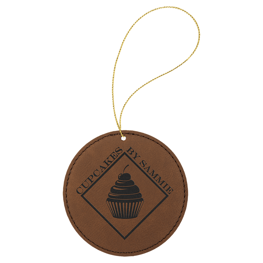 Dark Brown Gold Laserable Leatherette Round Ornament with String