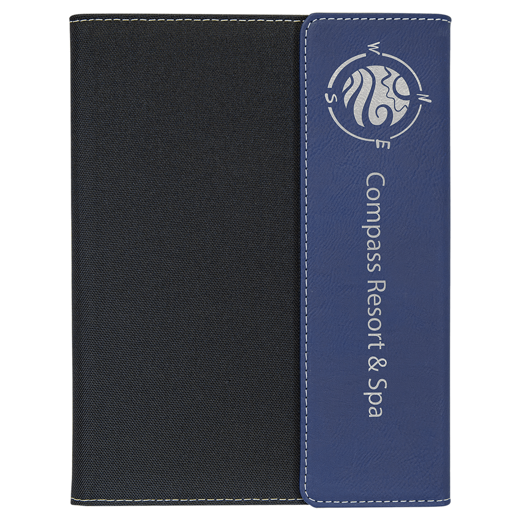 Blue/Silver Laserable Leatherette / Black 7" x 9" Canvas Portfolio with Notepad