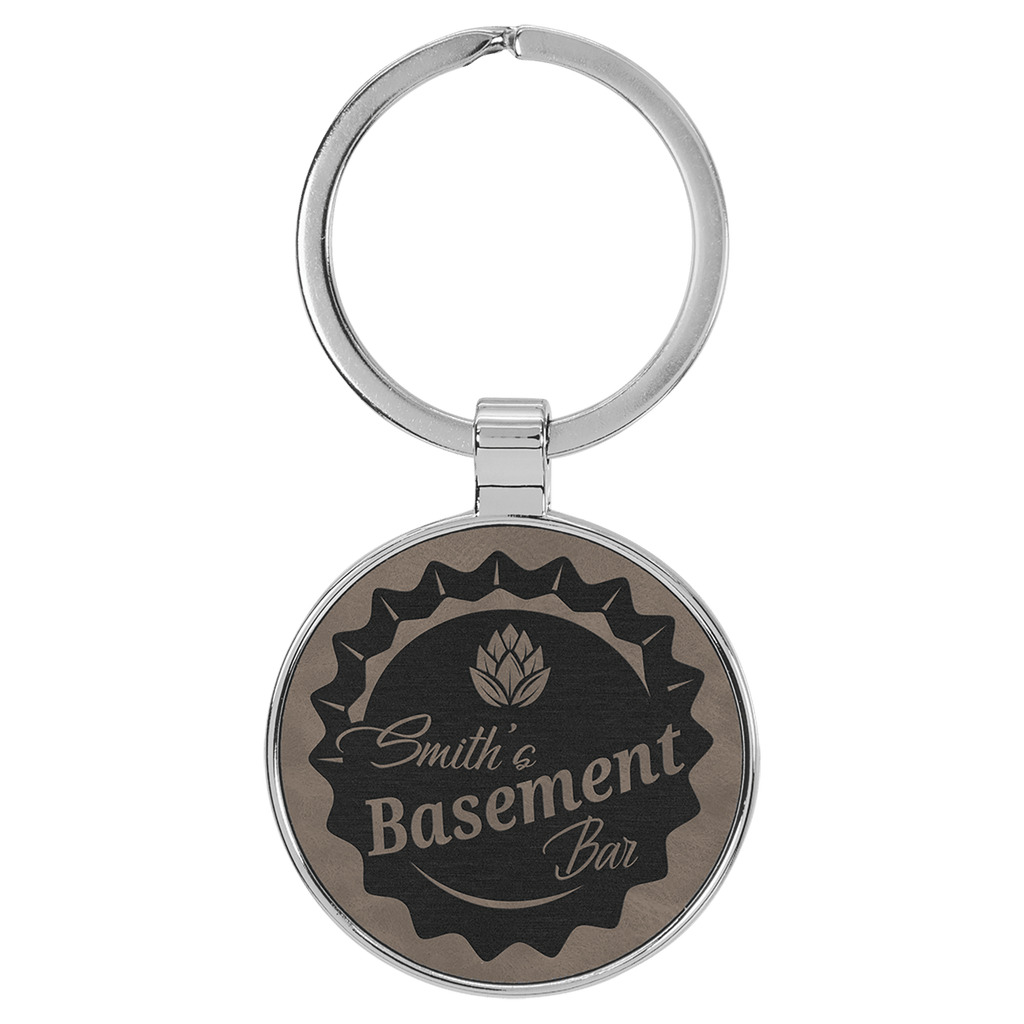 Gray 1 1/2" Laserable Leatherette/Metal Round Keychain