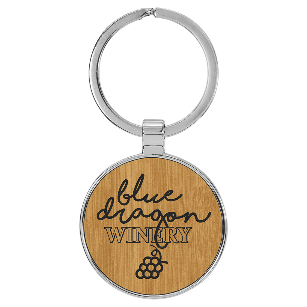 Bamboo 1 1/2" Laserable Leatherette/Metal Round Keychain