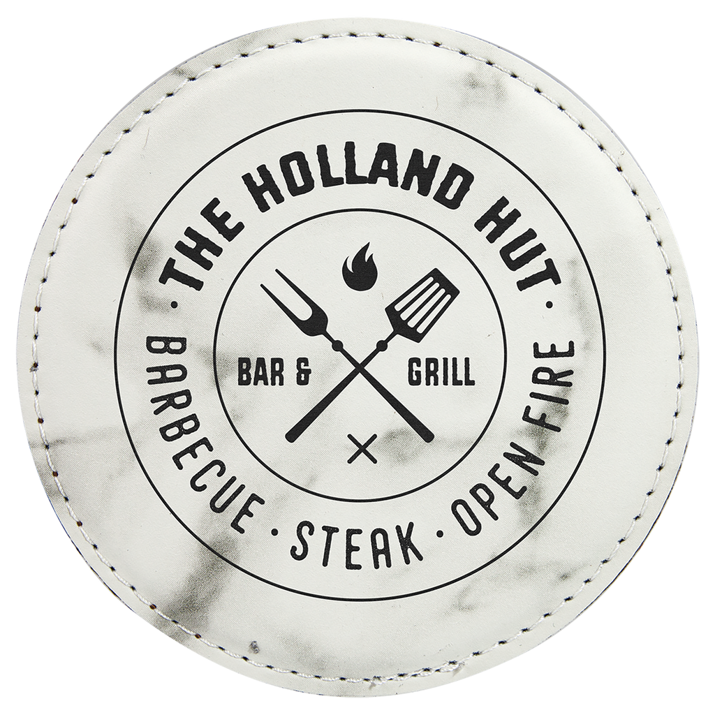 White Marble 4" Round Laserable Leatherette 6-Coaster Set