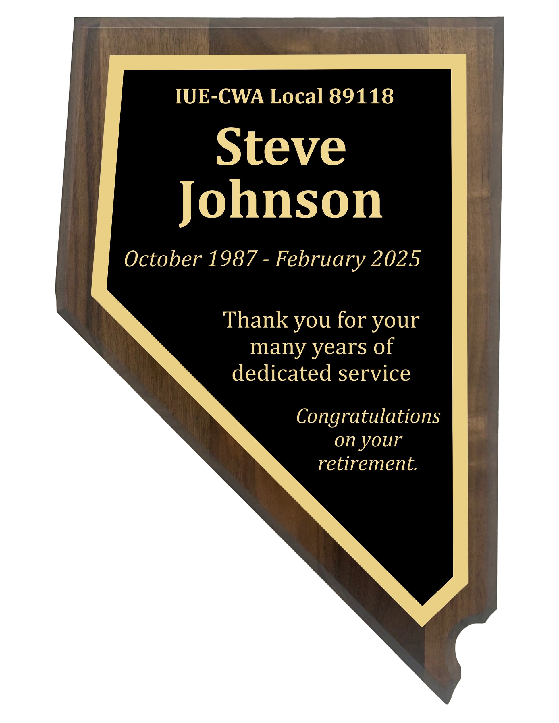 Solid Walnut Nevada Shaped Plaque with Nevada Shaped Engraved Plate
